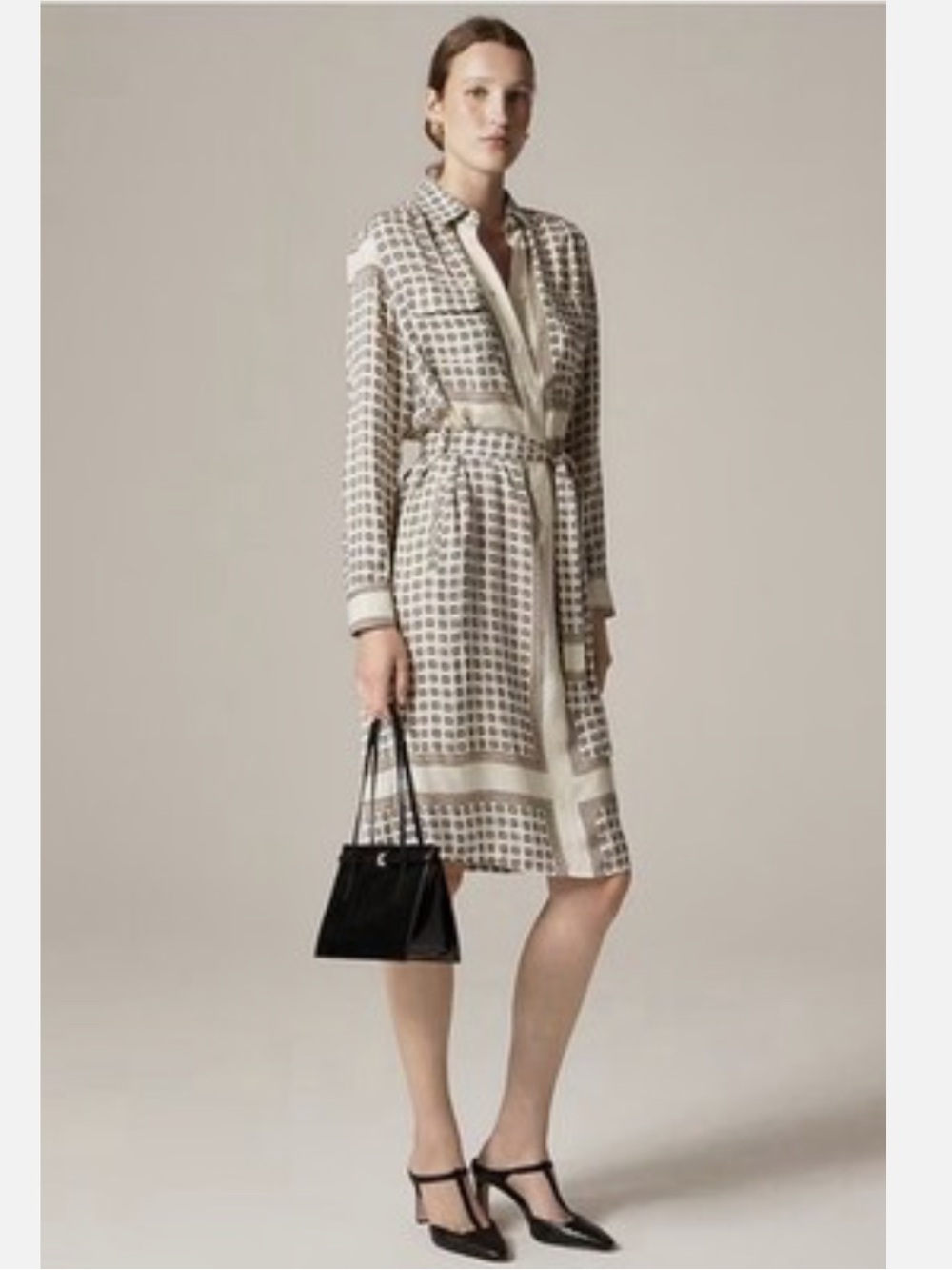 J Crew Tie-waist shirt-dress foulard print 10 Ivory Old Money Classic Luxury NWT